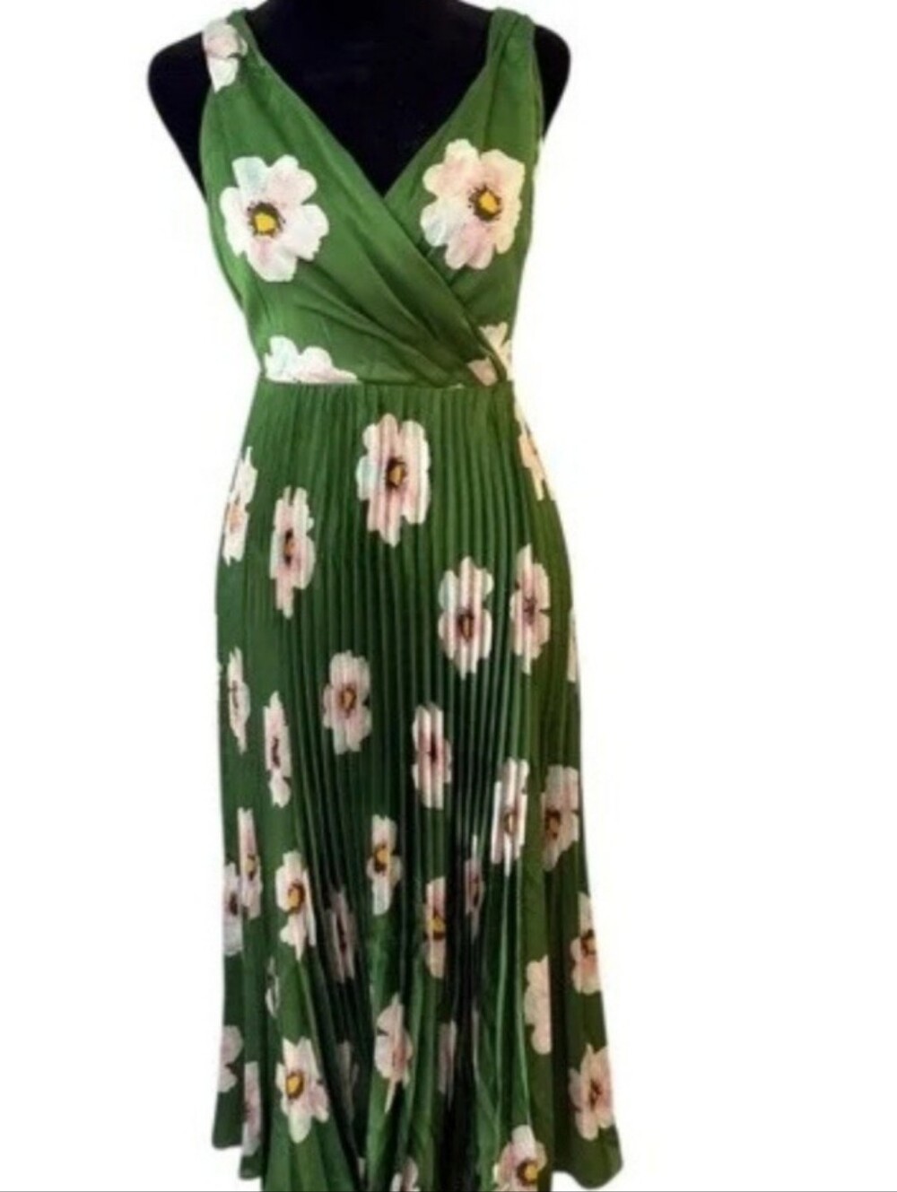 Maggy London Green Floral Print Pleated Midi Dress Sleeveless,Emphire Waist Sz:2